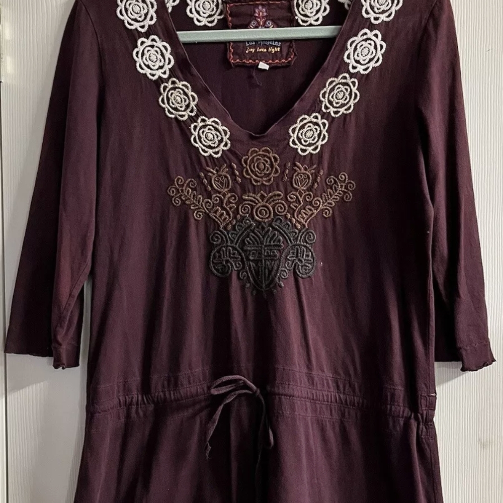 Johnny Was Purple Embellished Tunic with 3/4 Sleeves